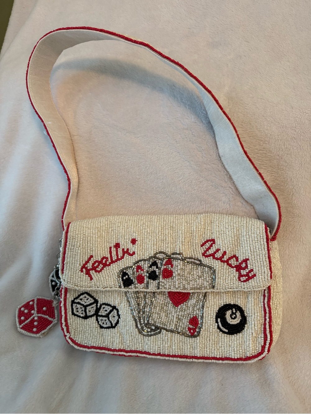 Beaded 'Feelin' Lucky' White and Red Shoulder Bag